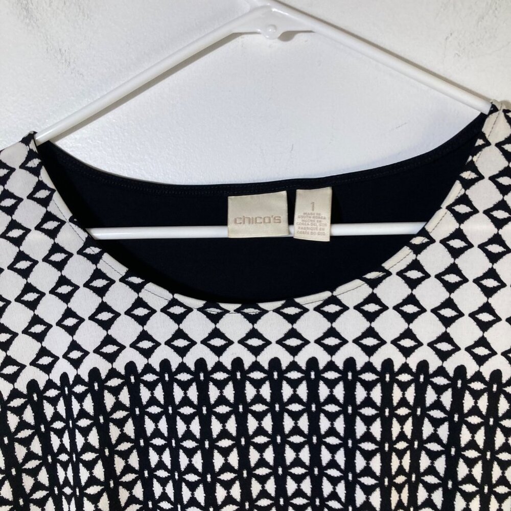 Womens Chicos Geometric Cap Sleeve Top M Black White Beige Polyester Spandex - Picture 3 of 8